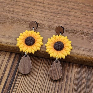 Handmade Sunflower Dangle Earrings: Unique Wooden Flower Earrings