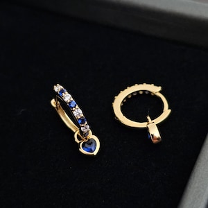 Sterling Silver Huggie Hoop Earrings: 18k Gold Plated, Blue Heart Charm