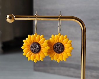 Sunflower earrings,  sunflower dangle earrings, spring earrings, sunflowers on a hoop, flower earrings, flower earrings, flowers, hoop