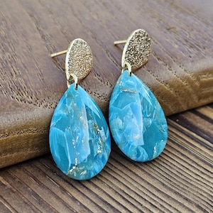 Marbled Polymer Clay Teardrop Earrings: Blue, Gold & White Resin Finish