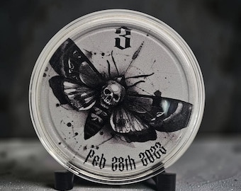 Death Head Moth Coin – Gothic Skull Moth Art Coin, Dark Occult Metal Collectible, Handmade Display Coin
