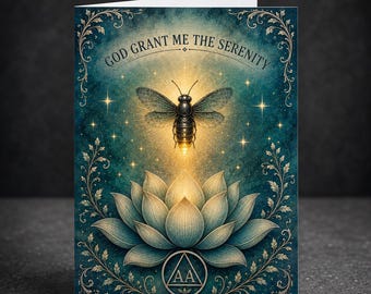 AA Recovery Anniversary Card – Firefly & Lotus – Sobriety, Clean Time Milestone Gift