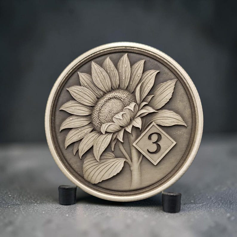 May include: A circular metallic plaque featuring a raised relief of a sunflower with detailed petals and a textured center. To the right of the flower stem, a diamond-shaped emblem contains the number 3. The object has a matte finish.