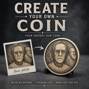 May include: A custom coin featuring a relief portrait of a person with glasses and a DNA strand, next to a square photo print showing the same image. The text reads CREATE YOUR OWN COIN, YOUR DESIGN. OUR COIN., Academic Addict, Your photo, NA OR AA OPTIONS, PERSONALIZED, MADE JUST FOR YOU.