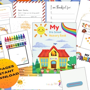 Può includere: Un libro di ricordi stampabile colorato per bambini in età prescolare. La copertina presenta una scuola con un arcobaleno e il testo "Il mio libro di ricordi della scuola materna". Il libro include pagine per registrare il primo giorno di scuola, i compleanni, la gratitudine, le foto di famiglia e altro ancora.