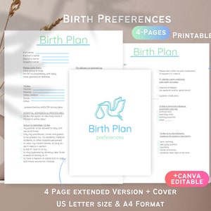 Puede incluir: Una plantilla de plan de parto imprimible con una ilustración de cigüeña azul y verde. La plantilla se titula "Birth Plan Preferences" e incluye secciones para información personal, admisión al hospital y procedimientos, preferencias de trabajo de parto y preferencias de parto. La plantilla está disponible en tamaños US Letter y A4.