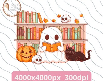 May include: A white ghost reading a book in front of a bookshelf filled with colorful books. A black cat sits on the bottom shelf, and a jack-o-lantern and a skull are on the floor. The image is 4000x4000 pixels and 300 dpi.