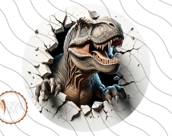May include: A realistic illustration of a Tyrannosaurus Rex dinosaur breaking through a cracked white wall. The dinosaur's head and claws are visible, with a menacing expression.
