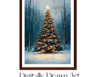 Christmas Tree Print, Oil Paint Christmas Tree,Christmas Decor Printable Wall Art, Nature Antique Holiday Christmas Tree Painting,Download