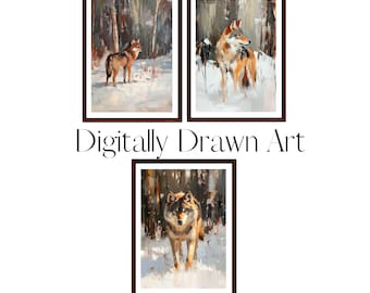 Wolf Digital Print,Christmas Prints,Winter Digital Print,Winter Decor Printable Wall Art,Nature Holiday Christmas Art Painting,Wolves Bundle