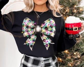 Coquette Christmas Shirt Sublimation Christmas Lights Bow PNG Merry Christmas Sweatshirt Digital Print PNG Checkered Christmas Coquette PNG
