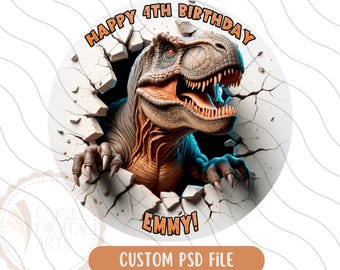 May include: A white and gray circular cake topper with a green, brown, and orange dinosaur breaking through the surface. The text "Happy 4th Birthday Emmy!" is printed on the cake topper.