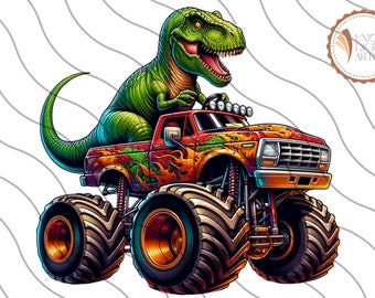 May include: A green dinosaur driving a red, orange, and yellow monster truck with flames on the side. The truck has large black tires.