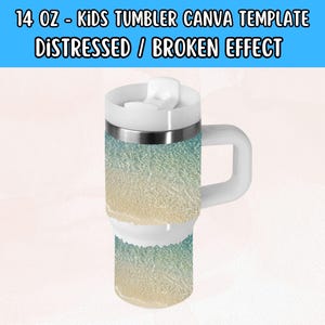 May include: A white 14 oz. kids tumbler with a distressed beach scene design. The tumbler has a lid and a handle. The design features a blue and green ocean with white waves and a sandy beach.