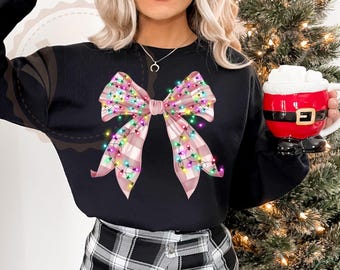 Coquette Christmas Shirt Sublimation Christmas Lights Bow PNG Merry Christmas Sweatshirt Pink Christmas PNG Checkered Christmas Coquette