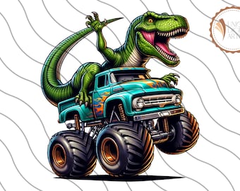 May include: A green dinosaur monster truck with large tires and flames on the side. The dinosaur is roaring and has its mouth open. The truck is teal blue and has a white grill.