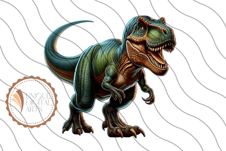 May include: A green and brown Tyrannosaurus Rex dinosaur with a large mouth and sharp teeth. The dinosaur is standing on a white background.