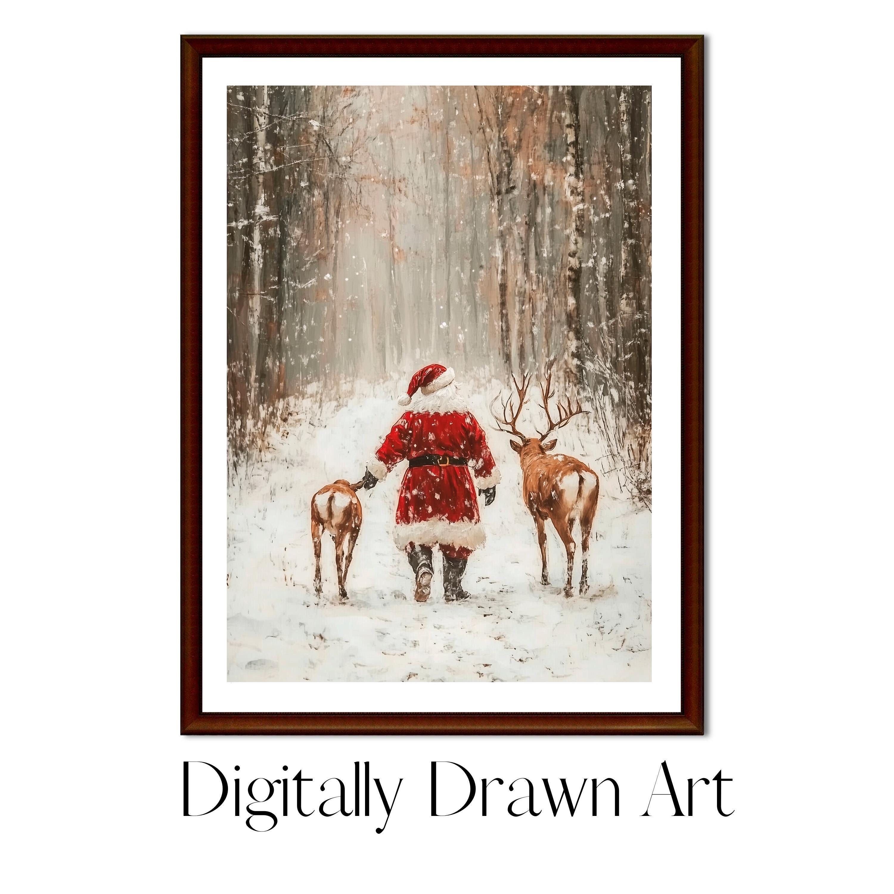 Vintage Santa Claus Reindeer Wall Art Print, Forest Snowfall in Winter Printable Christmas Home Decor, Digital Download, Holiday Home Prints