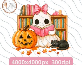 May include: A cute cartoon ghost wearing a pink bow is reading a book in a bookshelf with a pumpkin and a black cat. The image is 4000x4000 pixels and 300 dpi.
