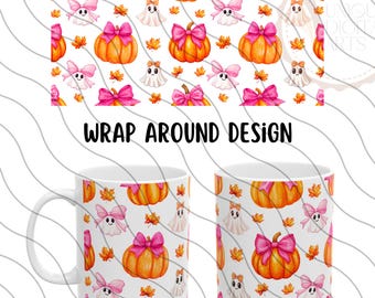 May include: A white ceramic mug with a wrap-around design featuring a pattern of orange pumpkins with pink bows, white ghosts with pink bows, and orange leaves. The text "WRAP AROUND DESIGN" is printed below the mug.