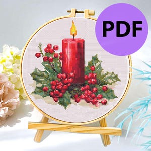Padrão de ponto cruz, vela de Natal Holly Berry, buquê floral de Natal, padrão de ponto cruz DMC Chart PDF para impressão Download instantâneo