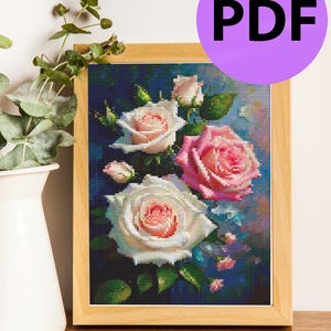 Padrão de ponto cruz lindo, lindo 3 rosas. Design de flores de verão. Download em PDF.Para os melhores mestres de costureiras e bordadeiras,