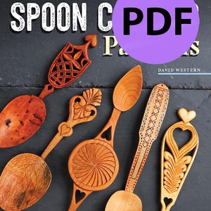 May include: A collection of intricately carved wooden spoons, each with unique designs and patterns, displayed on a dark background. The image includes text that reads "Great Book of Spoon Carving PDF" and "Detailed Patterns & Photos for Decorative Spoons."
