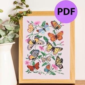 Cross stitch pattern Butterflies on flowers Cross Stitch Pattern DMC Chart Printable PDF Instant Download