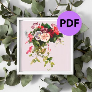 May include: A printable PDF pattern for cross-stitch embroidery featuring a bouquet of pink, white, and red morning glory flowers with green leaves.