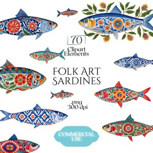 Peut inclure: Une collection d'illustrations numériques représentant diverses sardines décorées de motifs floraux et géométriques complexes en bleu, rouge, orange et vert. Le texte indique 70 Clipart Elements, FOLK ART SARDINES, .png 300 dpi, et COMMERCIAL USE.