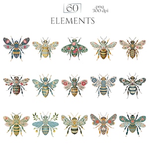 William Morris Bee Clipart, Arts & Crafts Bee PNG Graphics, Victorian Bee Illustrations (60 Files, Transparent Background)