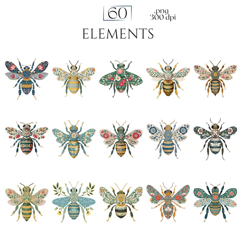 William Morris Bee Clipart, Arts & Crafts Bee PNG Graphics, Victorian Bee Illustrations (60 Files, Transparent Background)