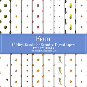 Pacote de papel digital de frutas, padrão sem emendas, papel para scrapbook, uso comercial, download instantâneo, diário de lixo, abacate de maçã e frutas vermelhas para impressão