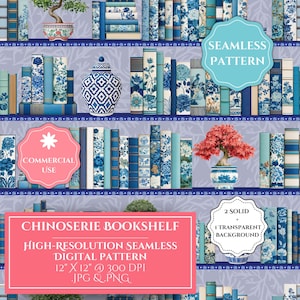 May include: A seamless digital pattern featuring a Chinoserie bookshelf design with blue and white floral books, decorative jars, and bonsai trees. The image includes text overlays stating SEAMLESS PATTERN, COMMERCIAL USE, and 2 SOLID 1 TRANSPARENT BACKGROUND.