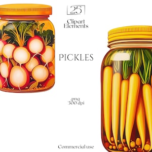Clipart cornichons, clipart légumes marinés, éphémères pour Journal de la camelote de garde-manger, embellissements de scrapbooking végétarien, usage commercial Cottagecore confortable