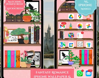 Fondo de pantalla de libros de romance y fantasía, fondo de pantalla para iPhone, compatible con iconos grandes, fondo de pantalla de bloqueo, dúo de estantería de romance y fantasía