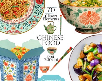 Clipart Chinees eten, Aziatische keuken PNG-elementen, commercieel gebruik Chinees afhalen illustraties, Kantonese schotel en eetstokjes Clip Art Set