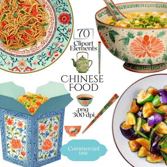 Chinese Food Clipart, Asian Cuisine PNG Elements, Commercial Use Chinese Takeout Illustrations, Cantonese Dish & Chopsticks Clip Art Set