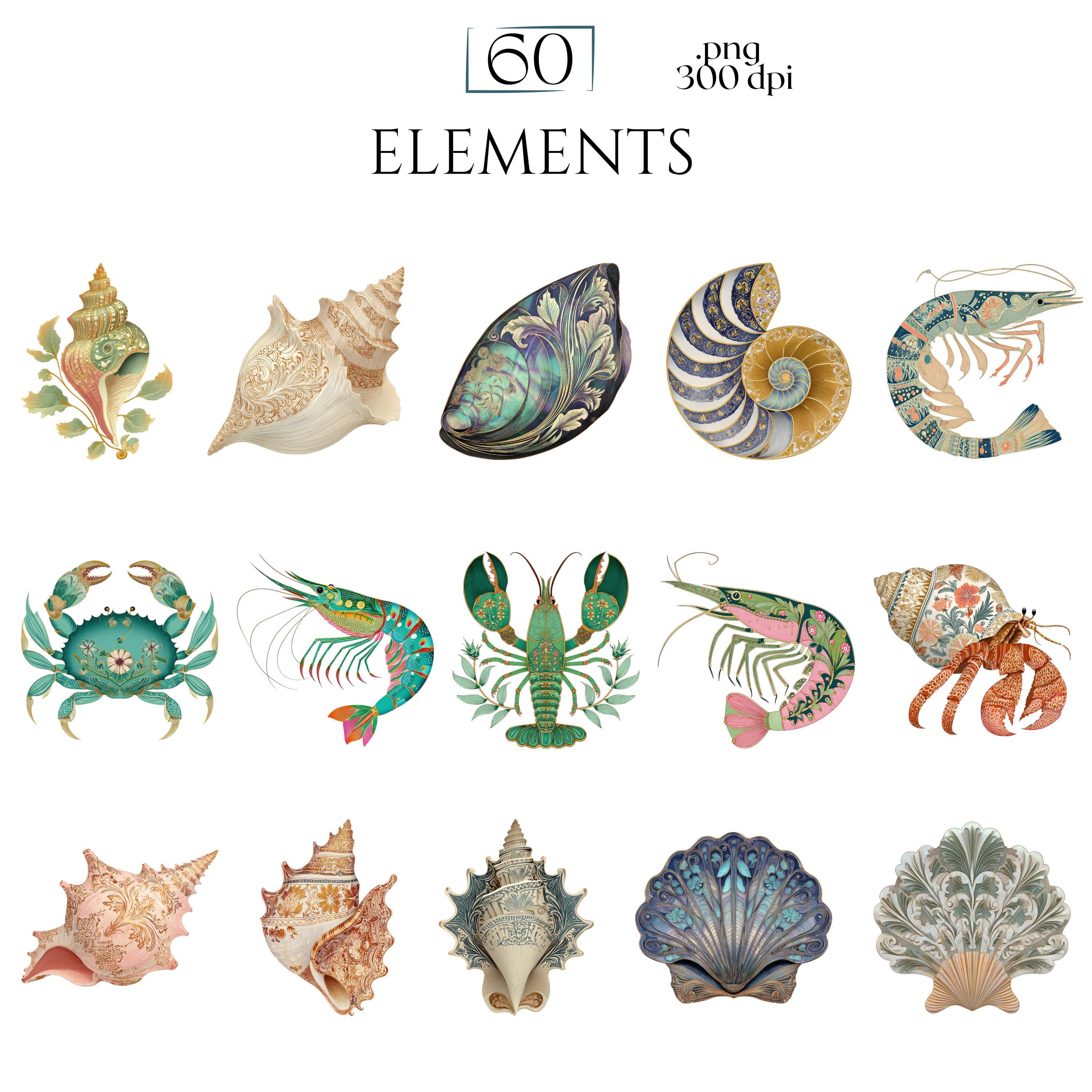 Abstract Shellfish Art Art Nouveau Shellfish Clipart, Modern Lobster PNG Graphics, Botanical ...