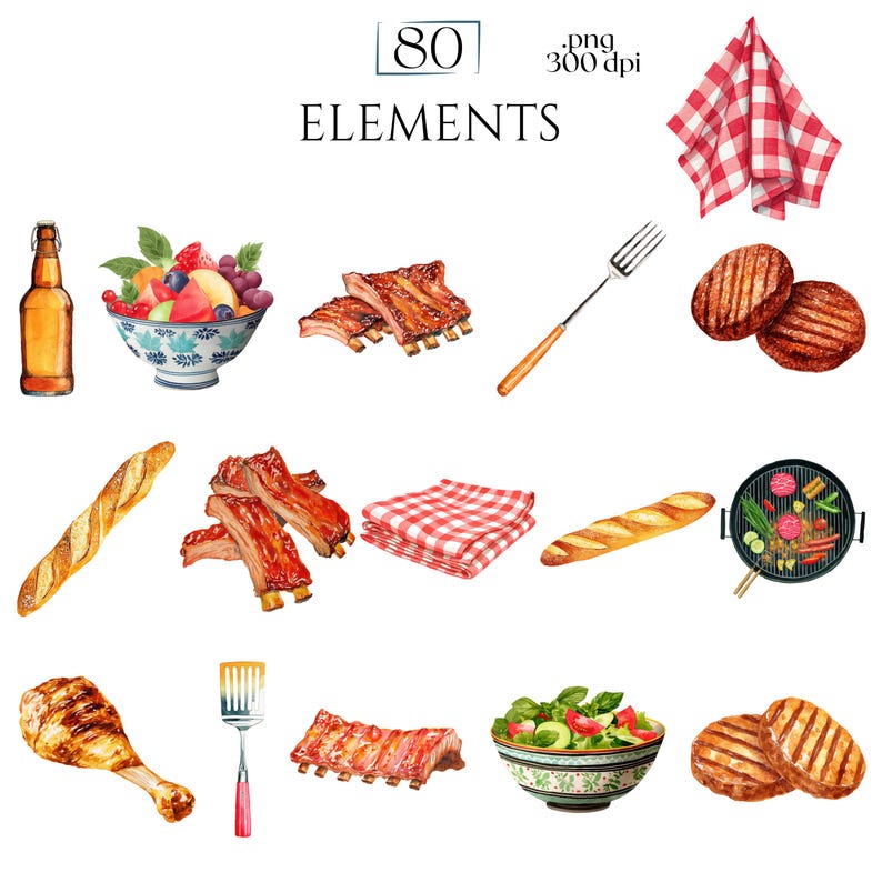 BBQ Clipart, Watercolor Grill & Cookout Graphics, Summer Barbecue ...