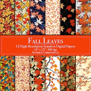 Papel digital con hojas de otoño, álbum de recortes digital sin costuras con follaje otoñal, planificador, uso comercial, diario basura, fondo, tarjetas imprimibles