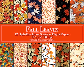Fall Leaves Digital Paper, Autumn Foliage Seamless Digital Scrapbook, Planner Commercial Use Junk Journal Background Printable Card Making
