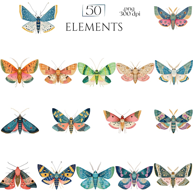 Moths Clipart, Colorful Moth Illustrations, Vintage Insect PNG Elements, Botanical Moth Graphics, Moth Scrapbook, Insect Crafts Junk Journal