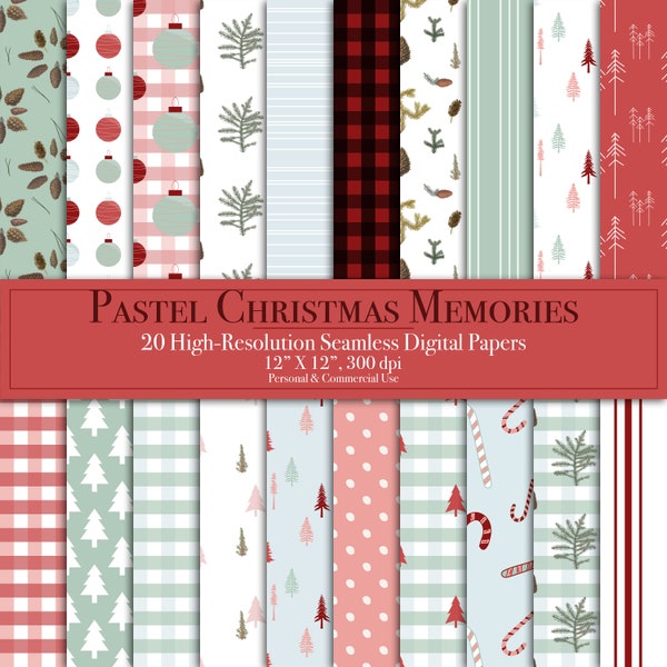 Pastel Christmas Digital Papers, Seamless Pattern, Digital Scrapbook Paper, Junk Journal, Commercial Use, Instant Download, Winter Conifer