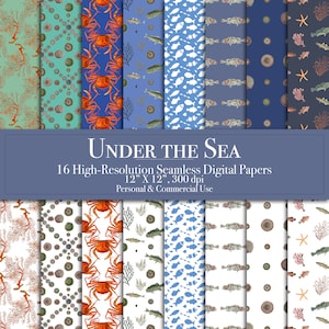 Carta digitale "Sotto il mare", modello senza soluzione di continuità, carta per scrapbooking, uso commerciale, download immediato, diario spazzatura, stampabile, granchio e corallo, pesce