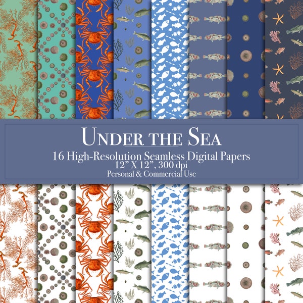 Under the Sea Digital Papers, Seamless Pattern, Scrapbook Paper, Commercial Use, Instant Download, Junk Journal, Printable, Crab Coral, fish