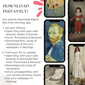 May include: A graphic with text that reads "Download Instantly!" and explains how to download digital files from Etsy on an iPhone or a PC or Laptop. The graphic includes four images of different phone screens, each displaying a different artwork.