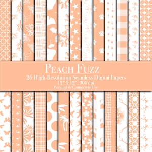 May include: A set of 26 peach and white digital papers with various patterns, including stars, flowers, gingham, and geometric designs. The papers are 12 inches by 12 inches and 300 dpi.  PEACH FUZZ, 26 High-Resolution Seamless Digital Papers, 12" X 12", 300 dpi, Personal & Commercial Use.