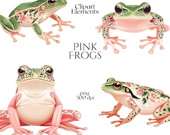Pink Frogs Clipart, Reptile Clip Art Elements, Cute Frog Stickers, Frog Party Decorations, Pretty Frog Crafting Supplies, Flower Frog PNGs