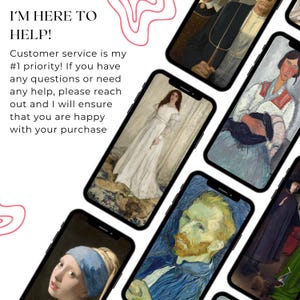 May include: A collage of different phone screens displaying various famous paintings, including a portrait of a woman in a white dress, a portrait of a man with a beard, and a painting of a woman holding a black cat.